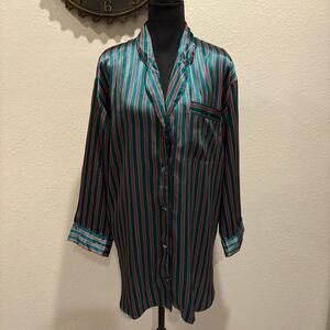 VTG VICTORIA'S SECRET Sleepshirt Satin Striped Green/Red Sz S Relaxed Alluring